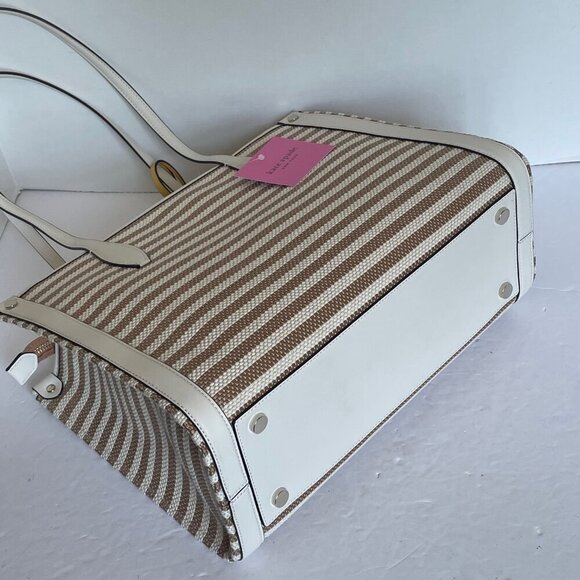 Kate Spade Market Stripe Medium Tote Beige Stripe Canvas Zip Shoulder Bag - Picture 7 of 10